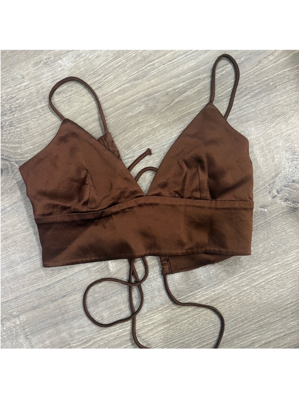 Zara Chocolate Brown Satin Cami Crop Top with Back Ties